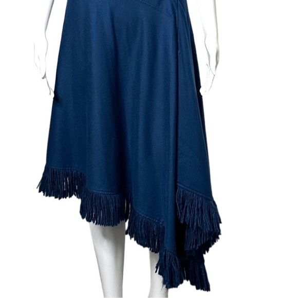 FERRAGAMO Cashmere Wool Asymmetric Fringed Midi Dress Navy Blue NWT - Picture 10 of 11